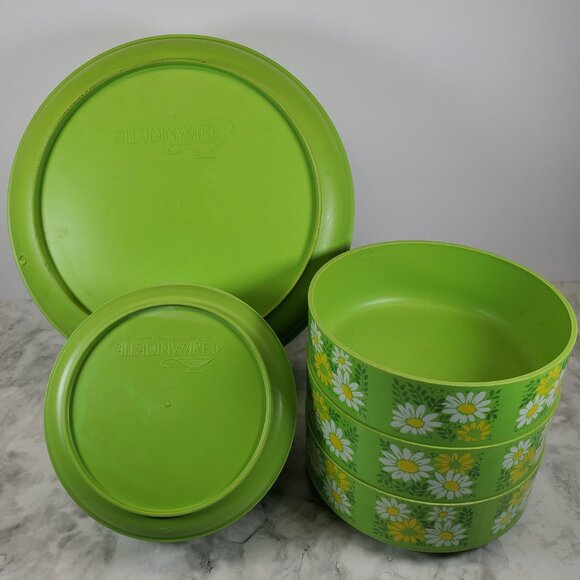 Vintage Green Daisy Aladdinware Plastic Salad Bowls Set | Retro Mod Flower Servi - Picture 3 of 8